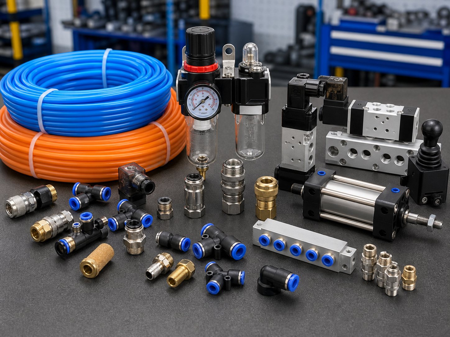 Pneumatic tubing valves regulators and fittings
